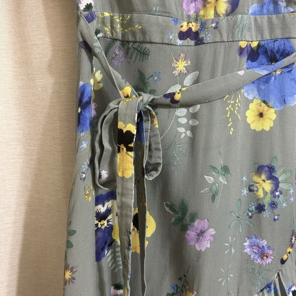 Y2K V-neck short sleeves wrap style ruffled hem Green floral pattern Dress Sz S - Picture 8 of 9
